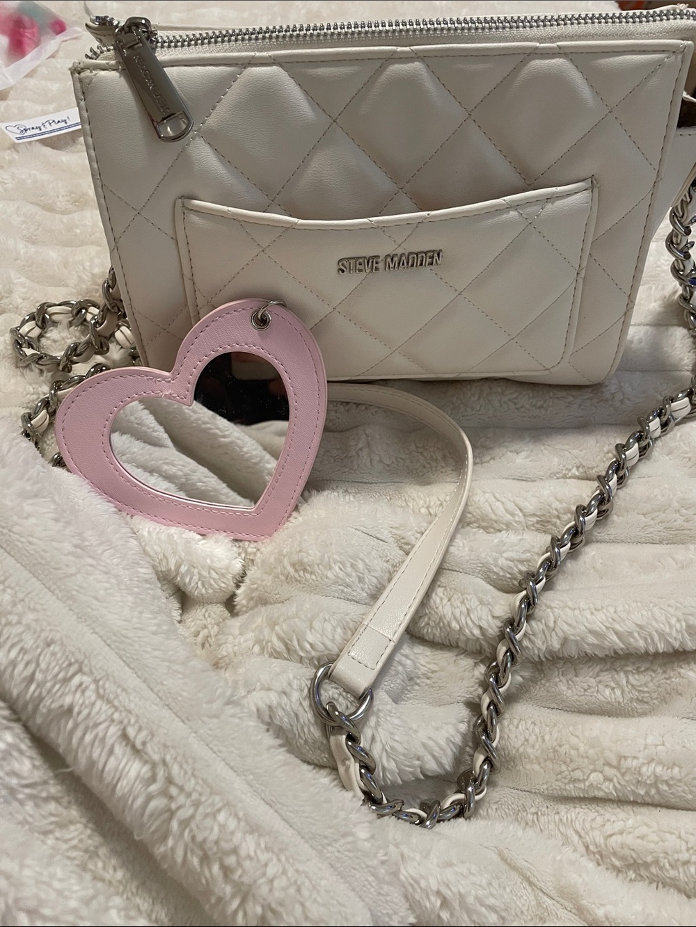 Steve Madden White Quilted Crossbody with Pink Heart Mirror Charm